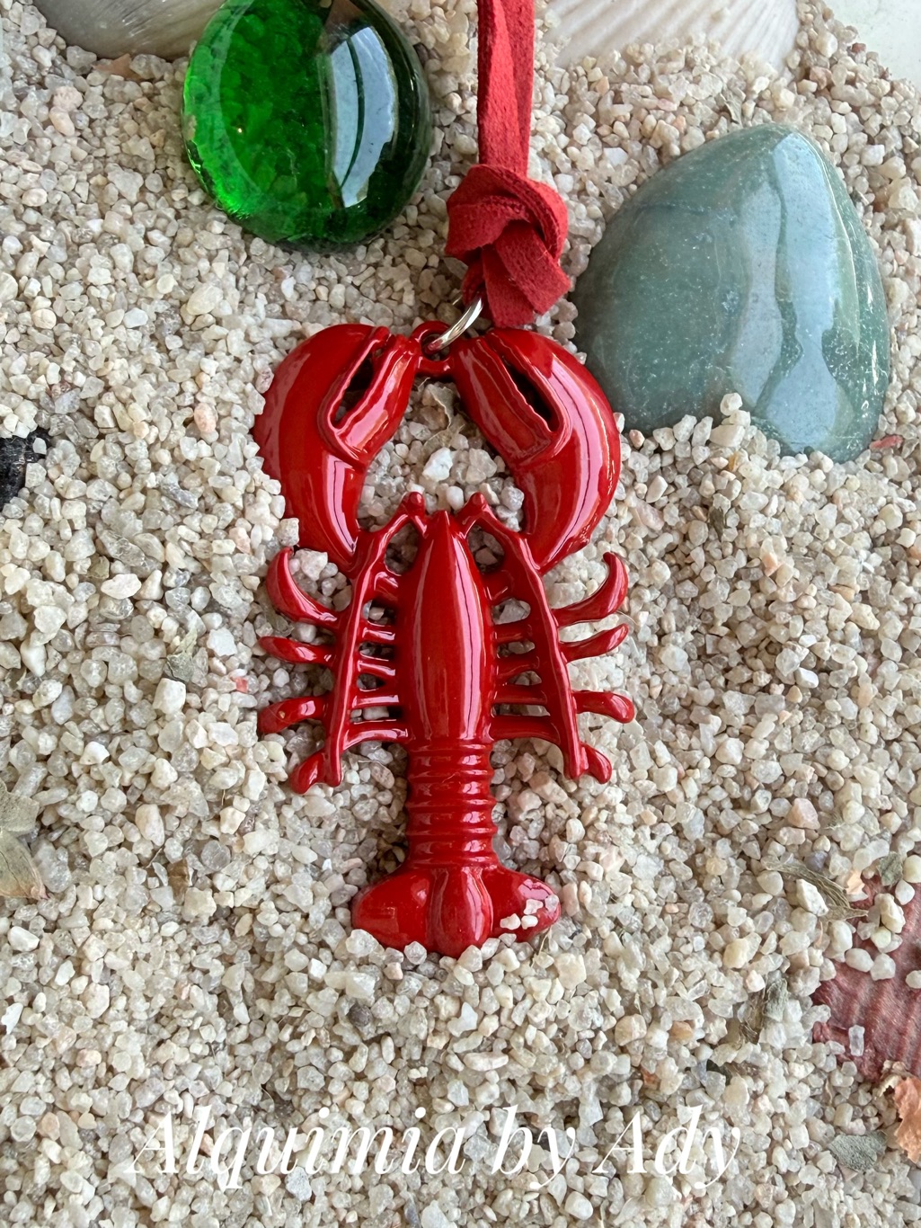 Long Red Suede + Big Lobster Pendant Necklace